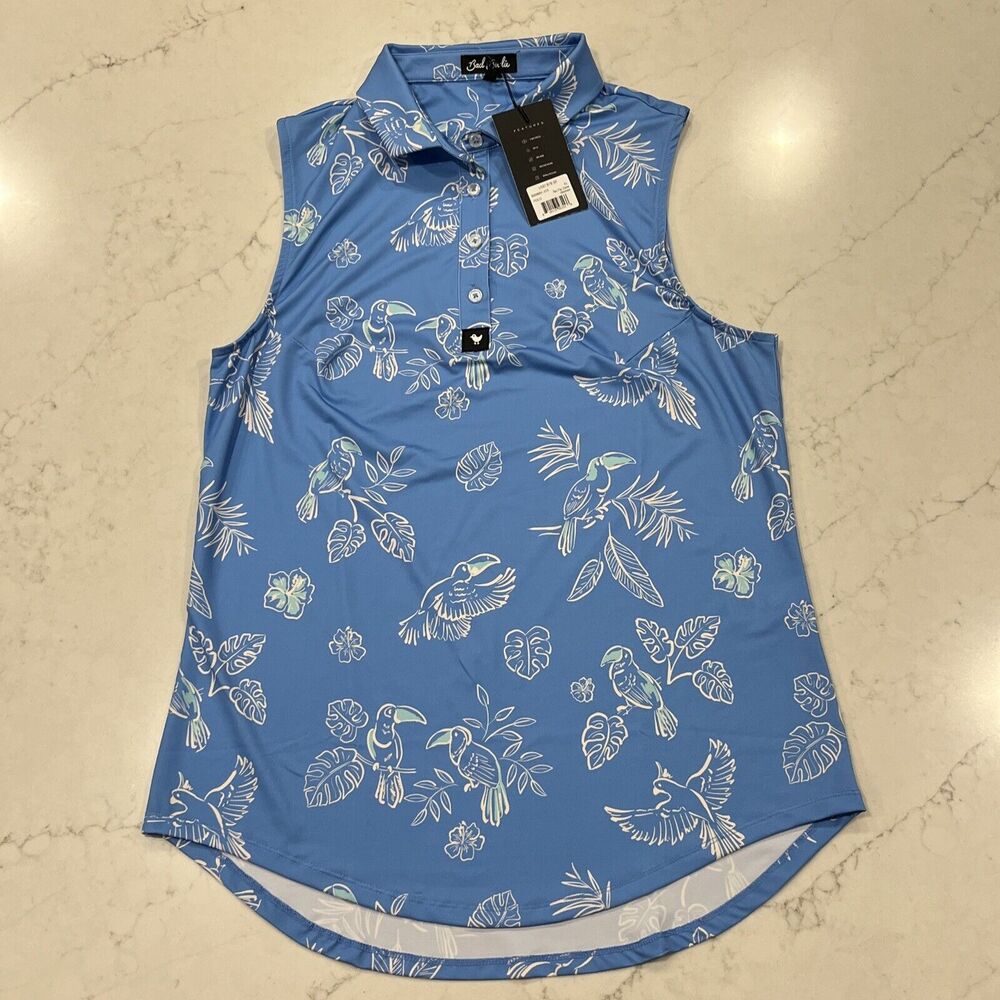 Bad Birdie Sky Blue Tropical Toucan Sleeveless Polo